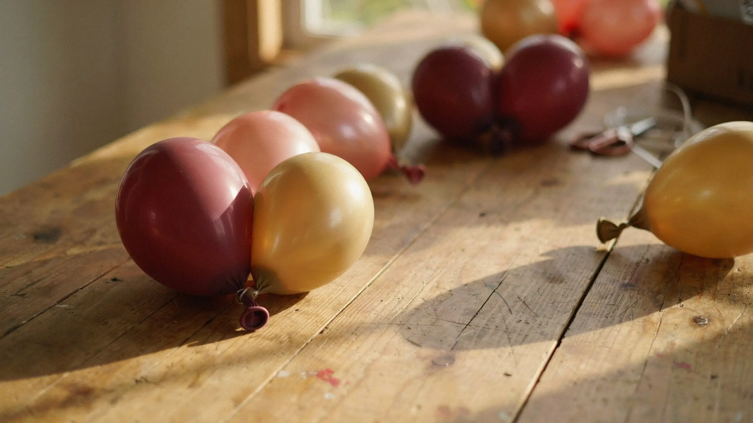Pastel balloon clusters tied together resting on a rustic wooden table for a party decoration tutorial.