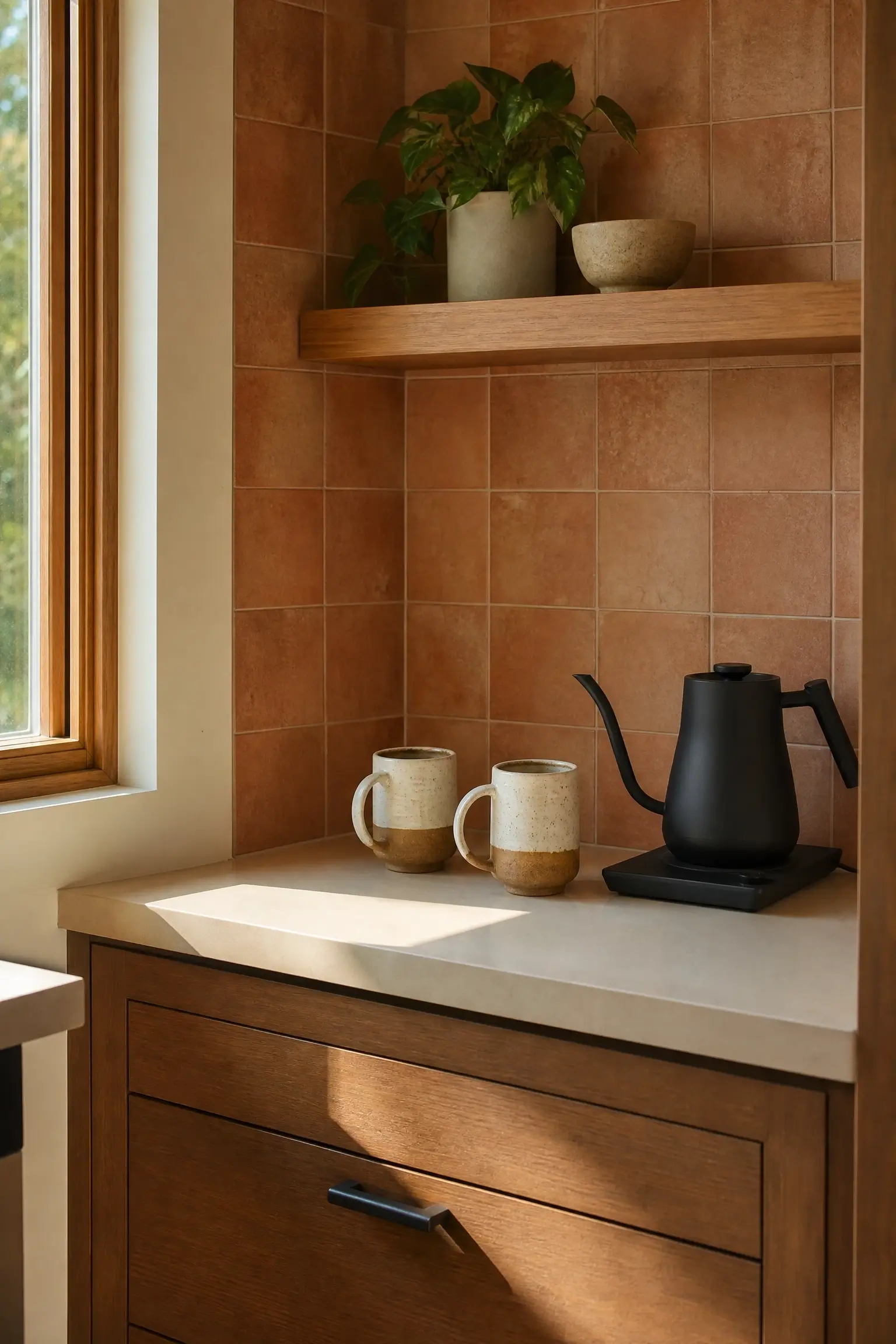 Terracotta tiled corner coffee station with open wood shelf, mugs, black kettle, and warm window light.