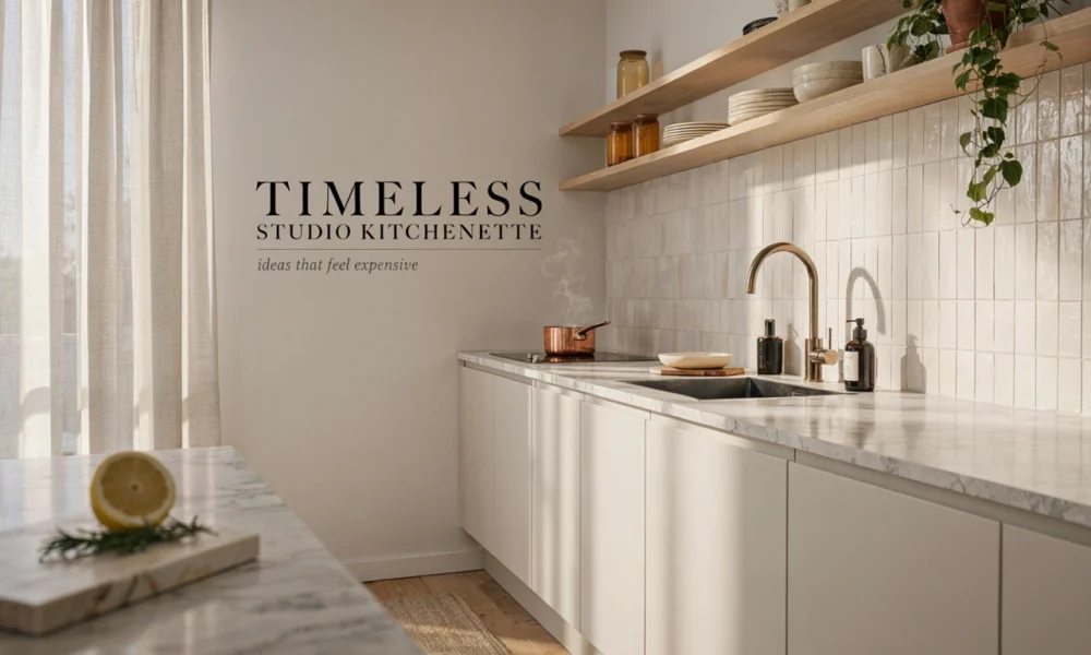 Timeless studio kitchenette with marble counters, white tile backsplash, open shelves and soft natural light