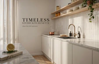 Timeless studio kitchenette with marble counters, white tile backsplash, open shelves and soft natural light
