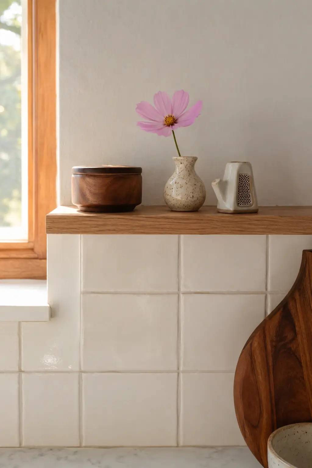 Tiny wood floating shelf above kitchen backsplash with a salt cellar, pink flower vase, and ceramic match striker.