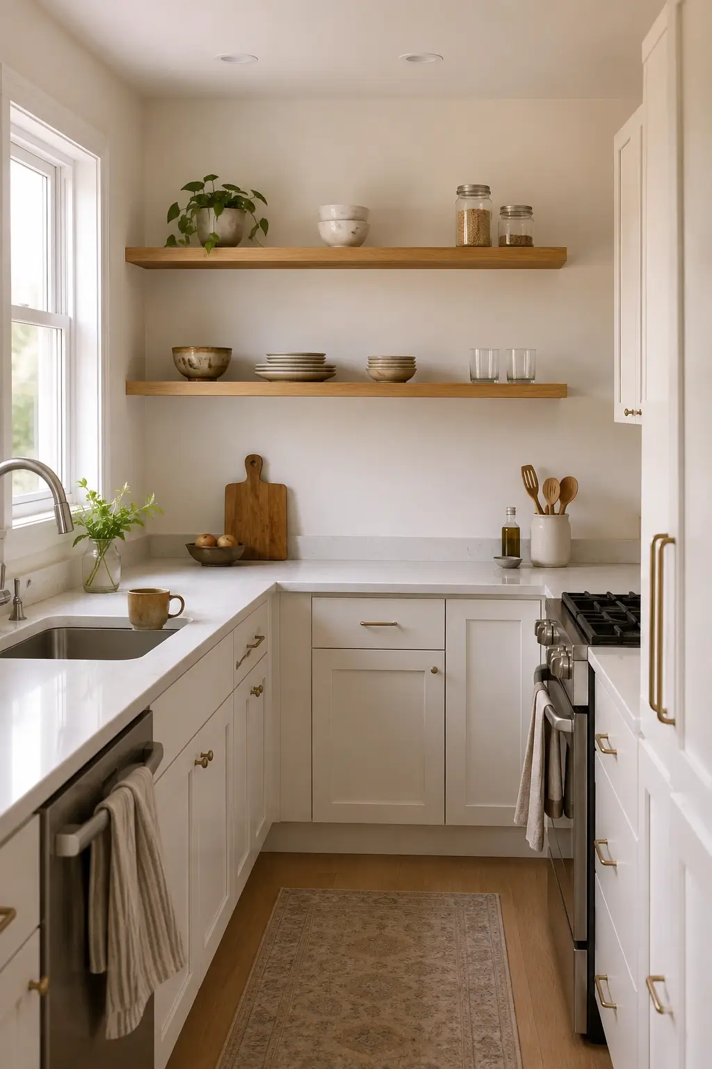 Tiny L-shaped kitchen with open oak shelves, white cabinets, brass hardware, and a bright sink window.