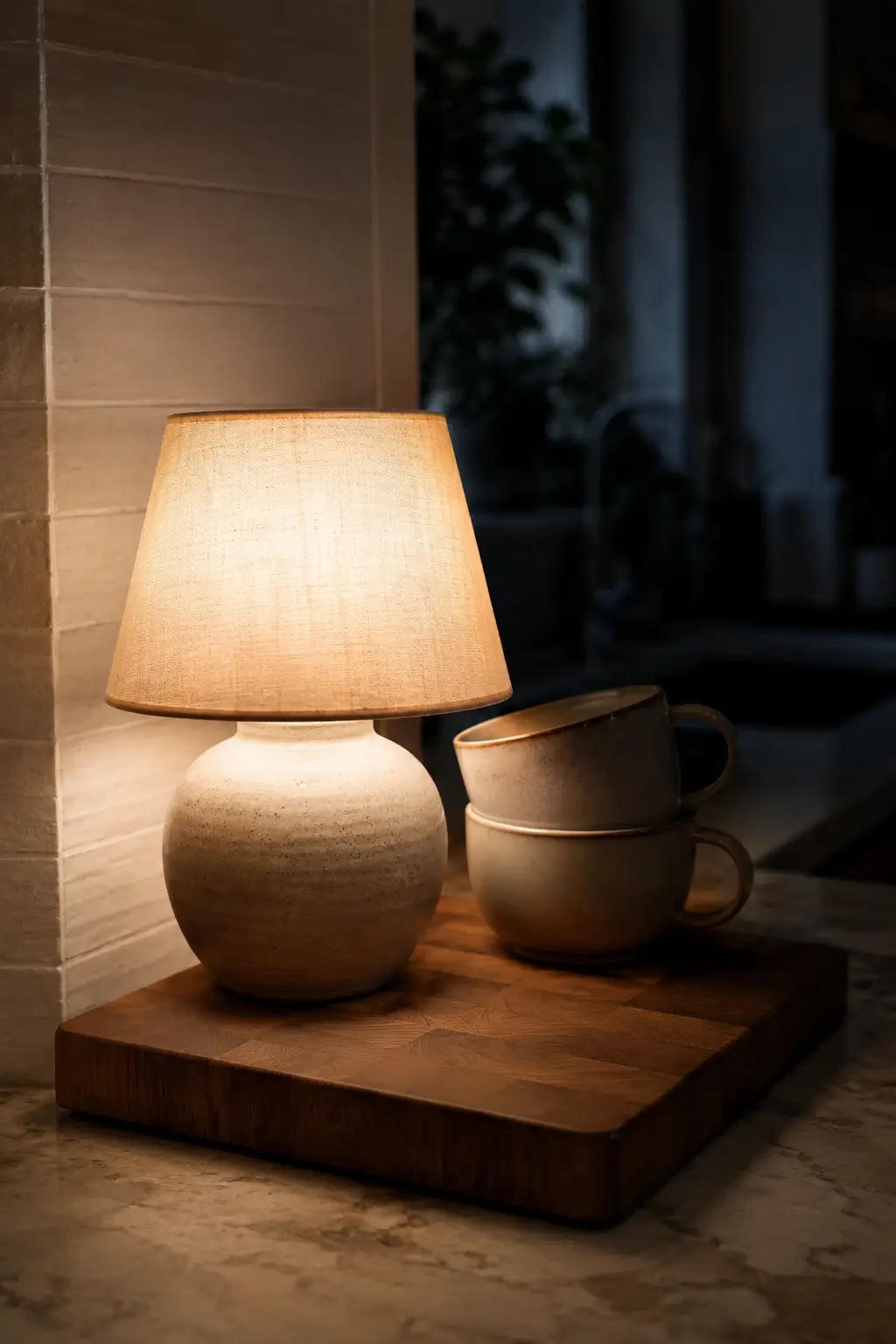 Tiny table lamp glowing on a dry kitchen countertop corner beside stacked ceramic mugs.