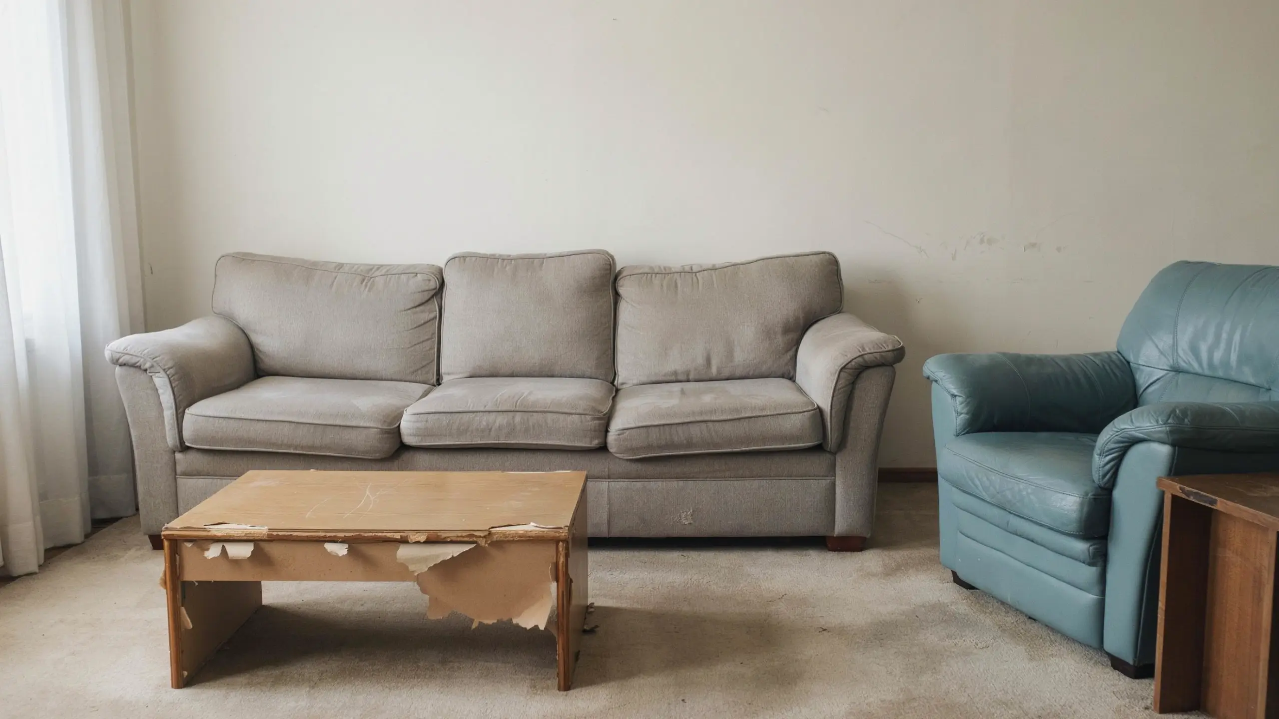 Alt Text: Worn living room with sagging sofa cushions, scuffed walls, faded carpet, and a peeling coffee table.