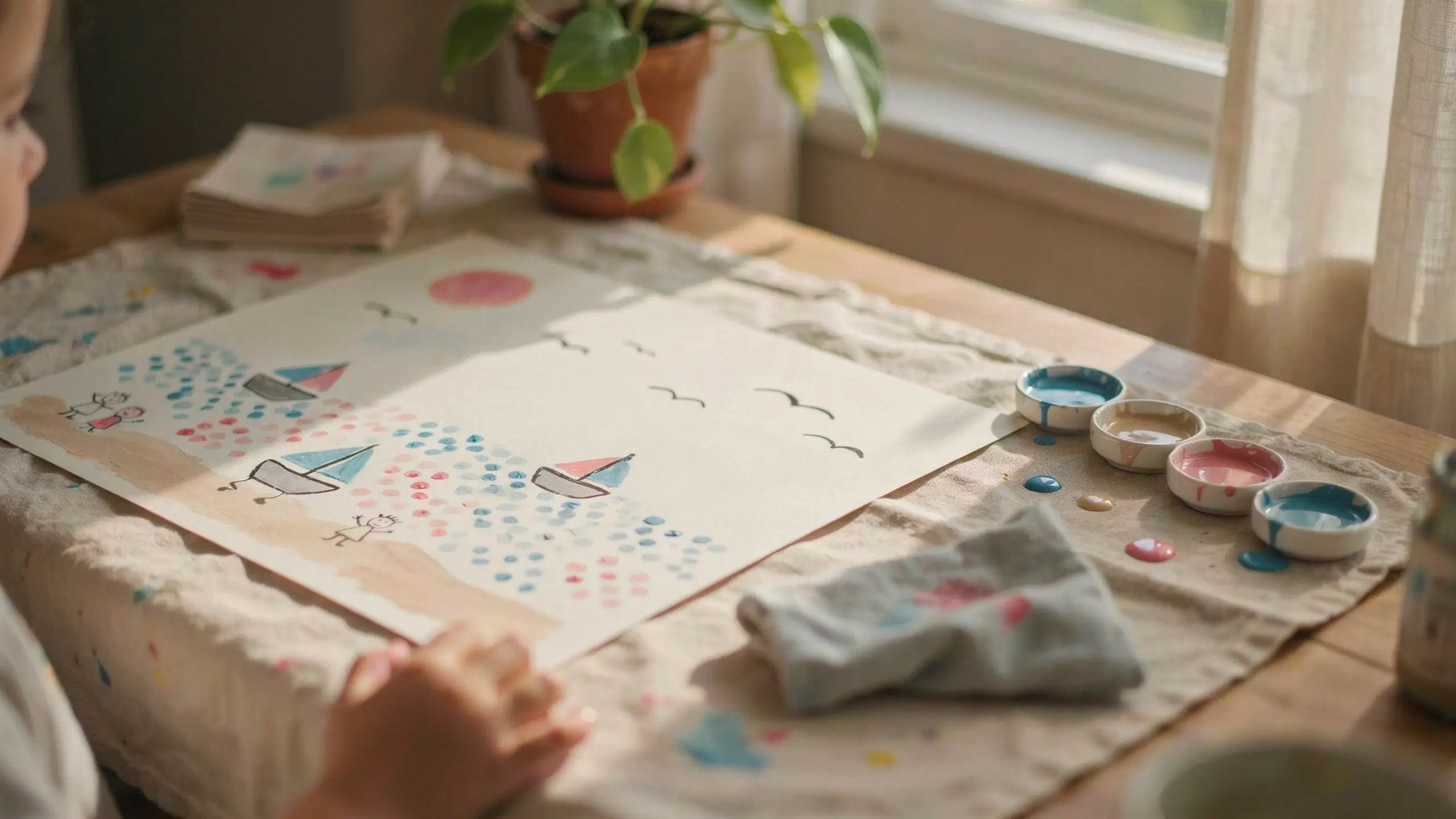 Toddler painting a fingerprint art sailboat scene using blue and pink paint bowls on a rustic wooden table in natural light.