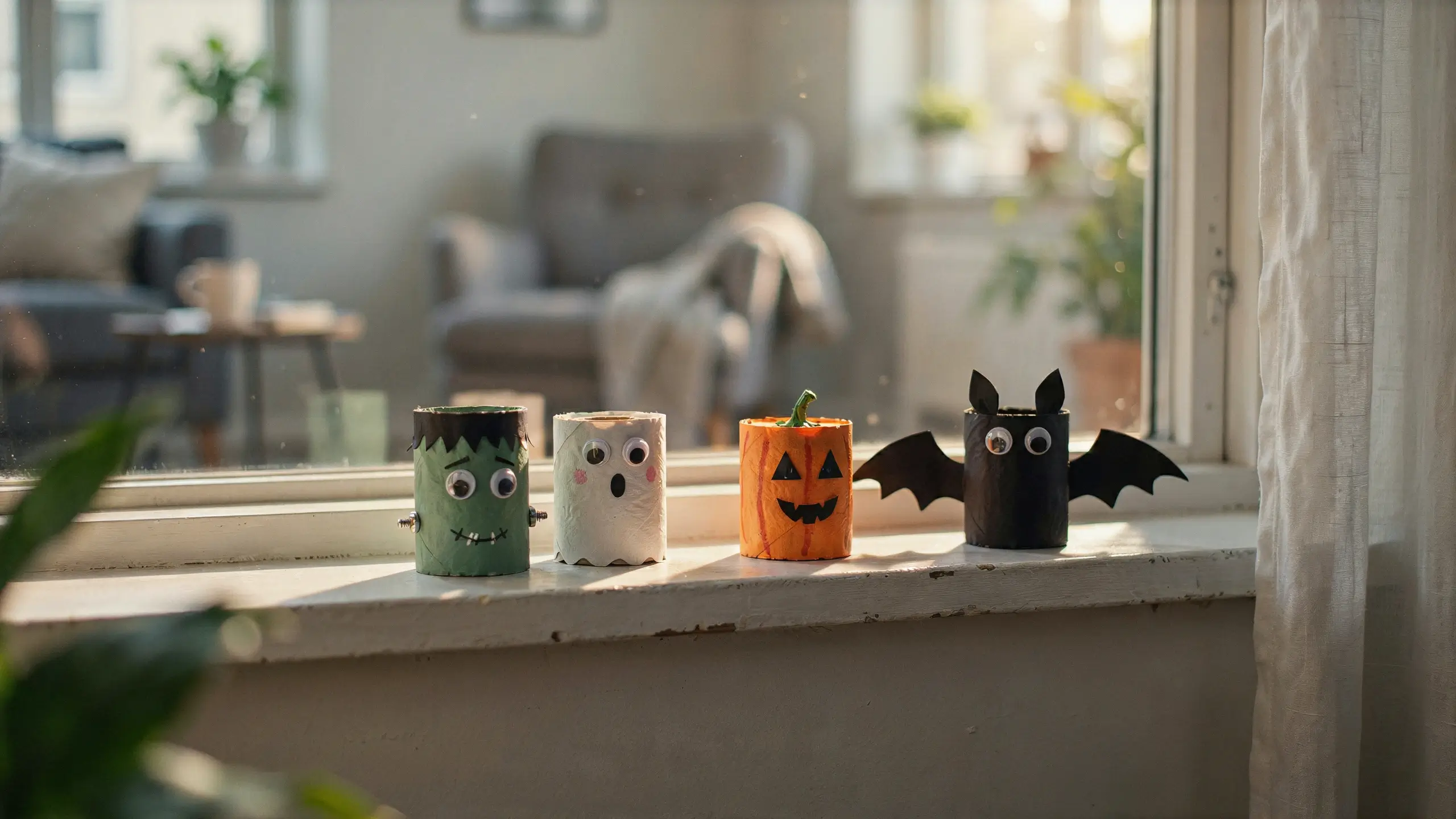 Four DIY upcycled toilet paper roll Halloween crafts—a green Frankenstein, a white ghost, an orange jack-o'-lantern pumpkin, and a black bat with paper wings—lined up on a sunny windowsill in a cozy living room.