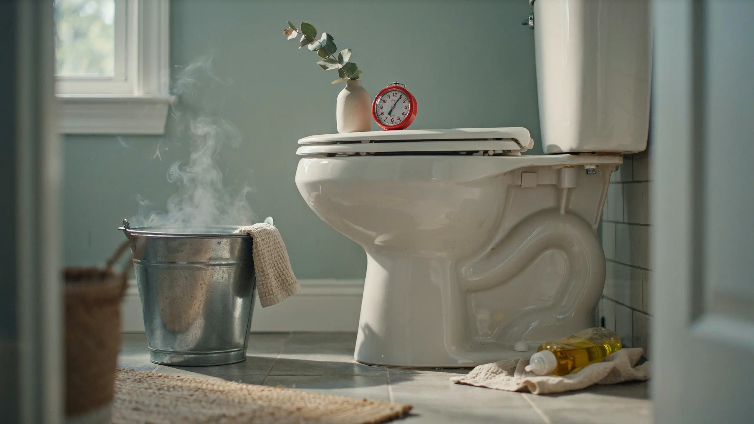 A white toilet with a red retro alarm clock and eucalyptus vase on the tank lid, sitting next to a steaming galvanized bucket and a cleaning bottle, demonstrating the waiting phase of a natural hot-water unclogging hack.