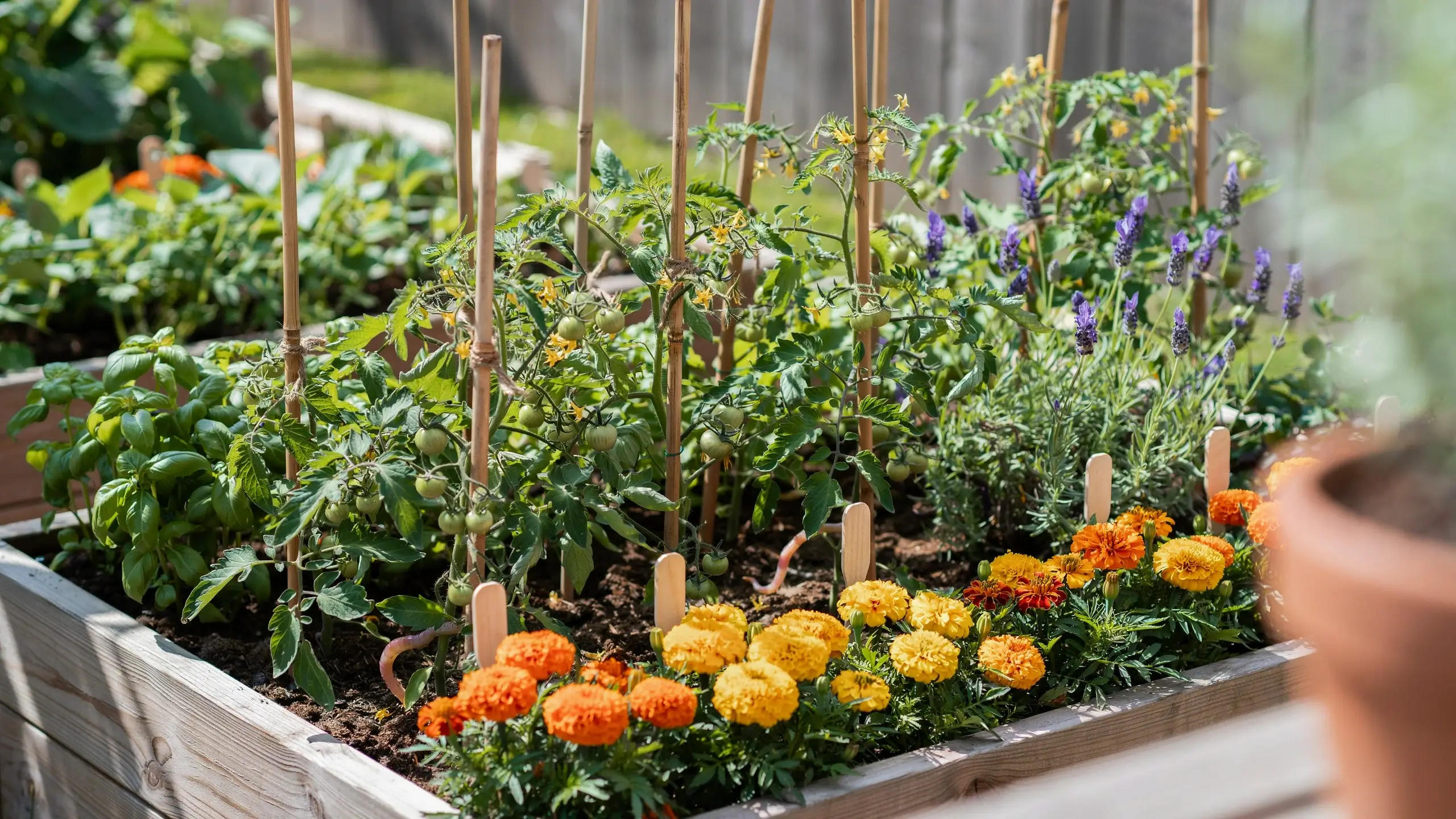 Green tomato plants growing in a raised wooden bed alongside companion flowers like marigolds and lavender, and leafy basil, arranged in a visible organic garden design to naturally deter pests. 
