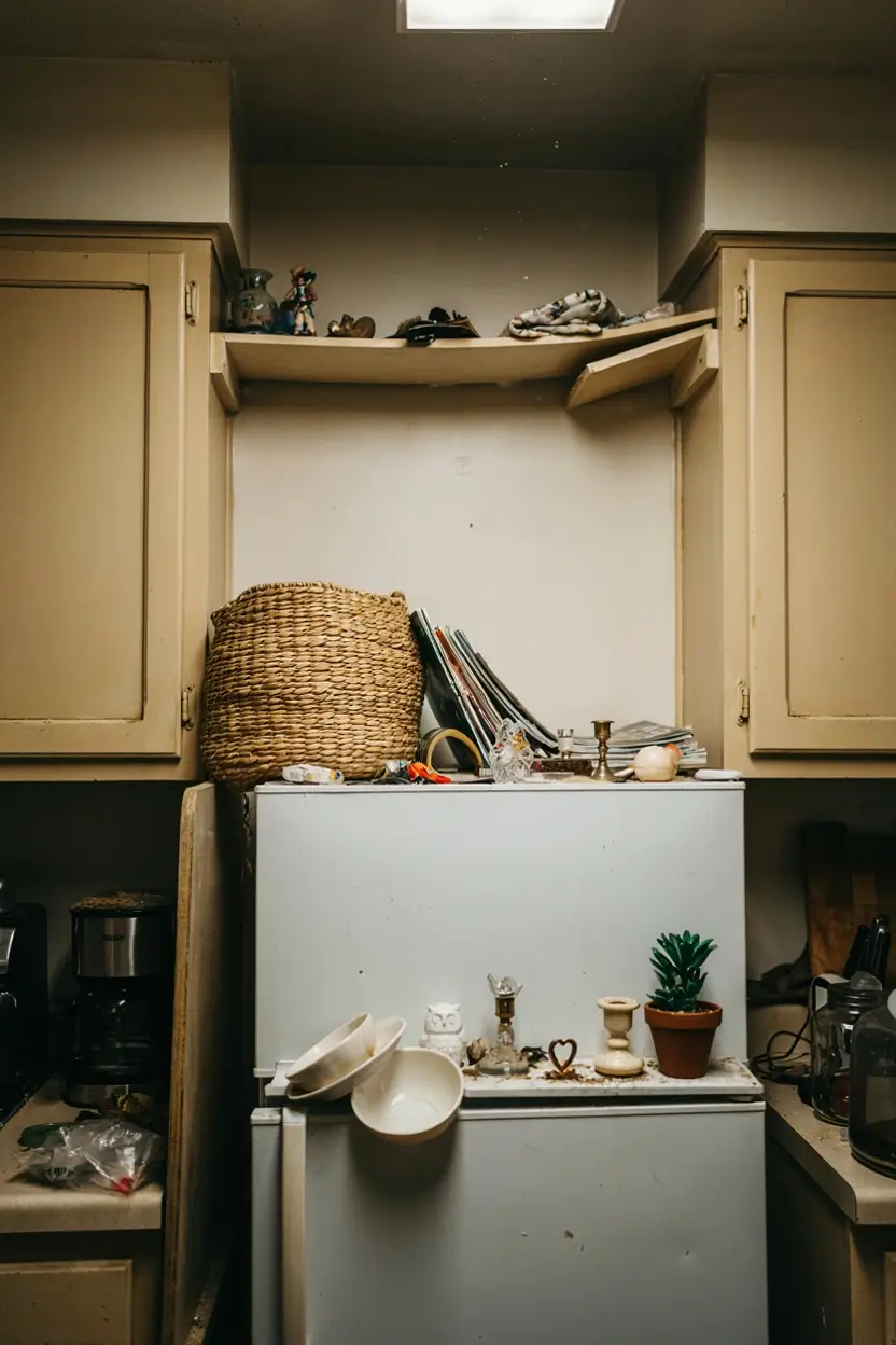 Cluttered refrigerator top with baskets, papers, decor, and an overloaded broken shelf above.