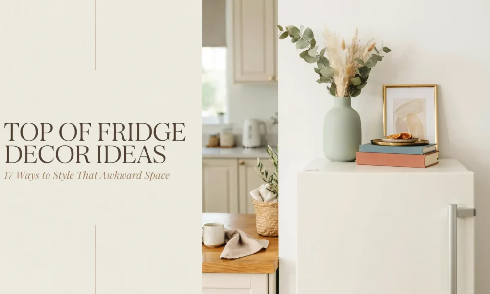Woven baskets, cookbooks, and a vase styled on top of a refrigerator