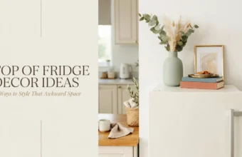 Woven baskets, cookbooks, and a vase styled on top of a refrigerator