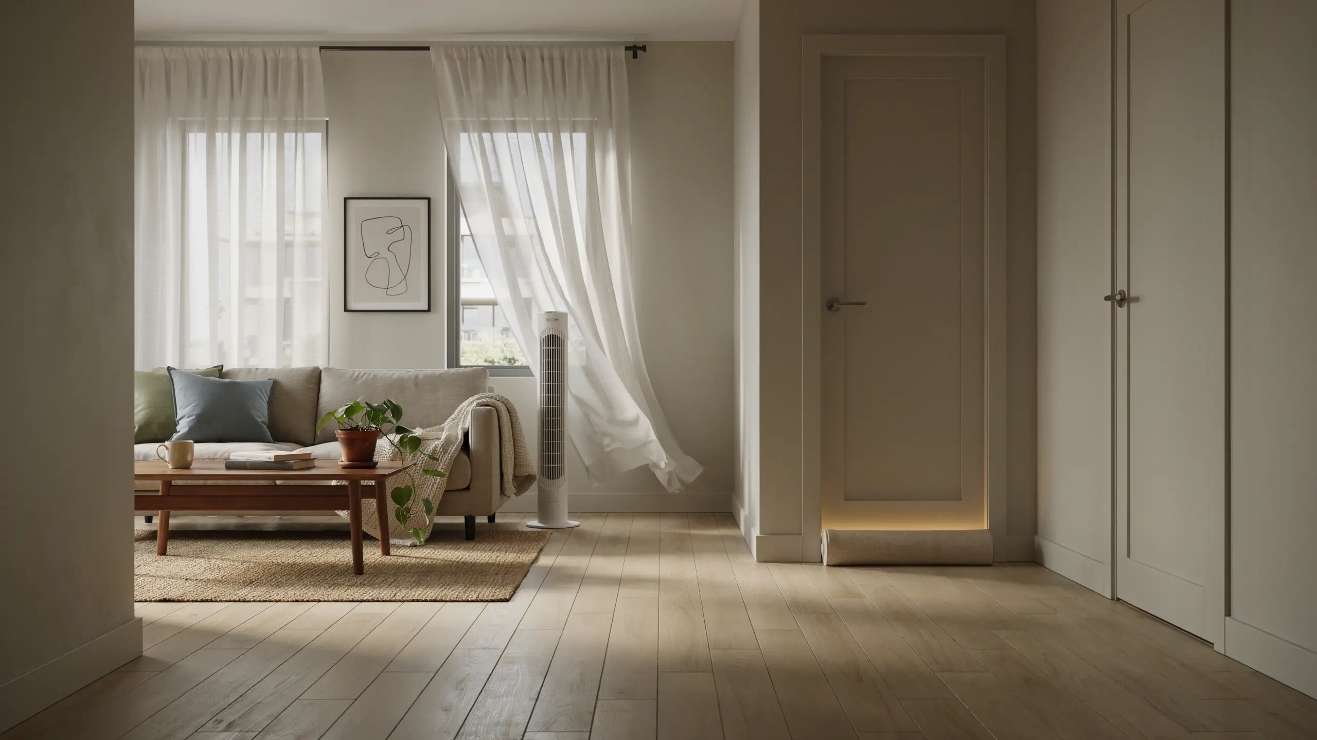 White tower fan creating a cool zone in a bright, minimalist living room with a closed white door sealing off hot areas. 