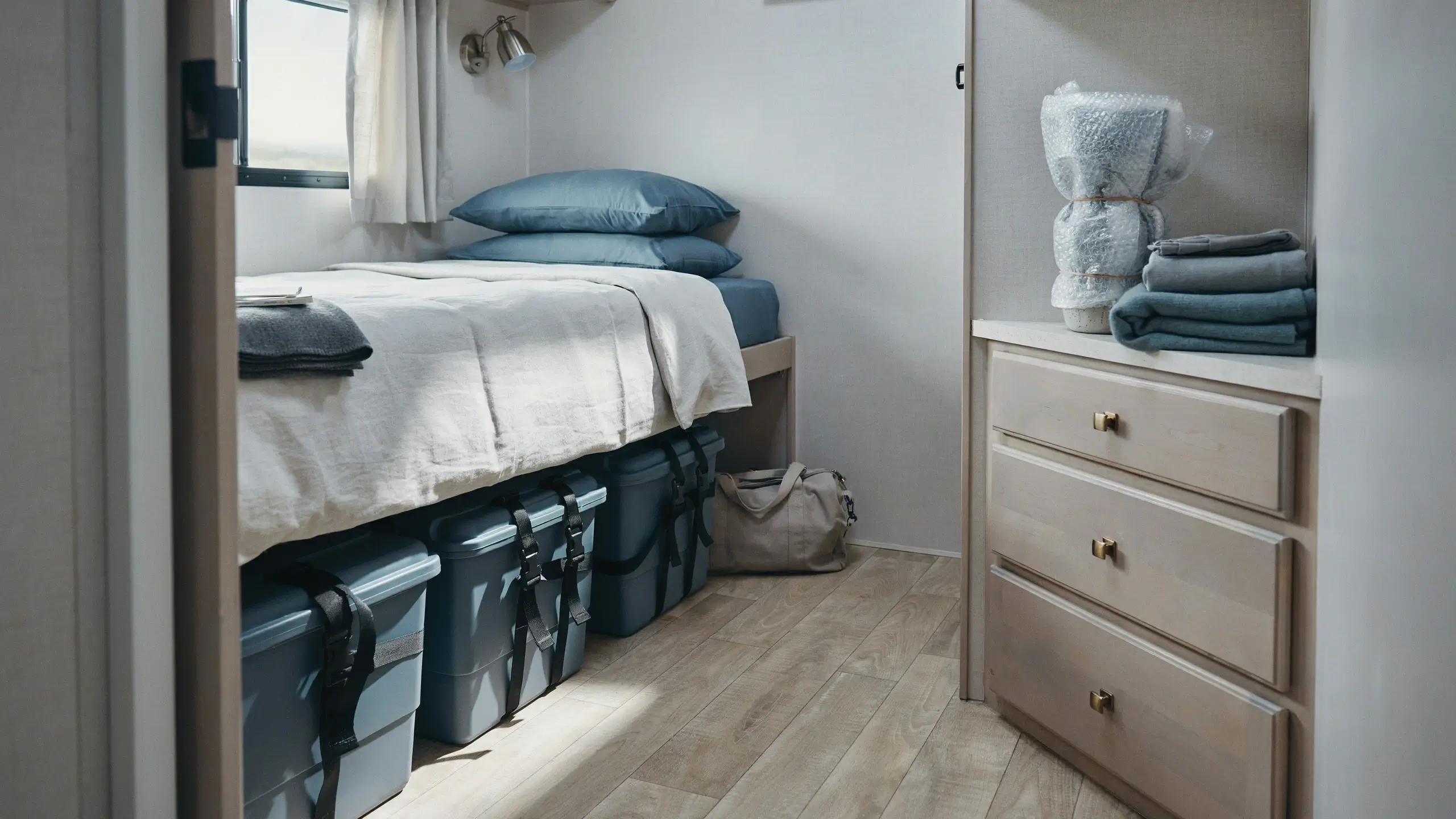 RV bedroom with secured under-bed storage bins and packed travel essentials, illustrating a thorough travel day packing plan.