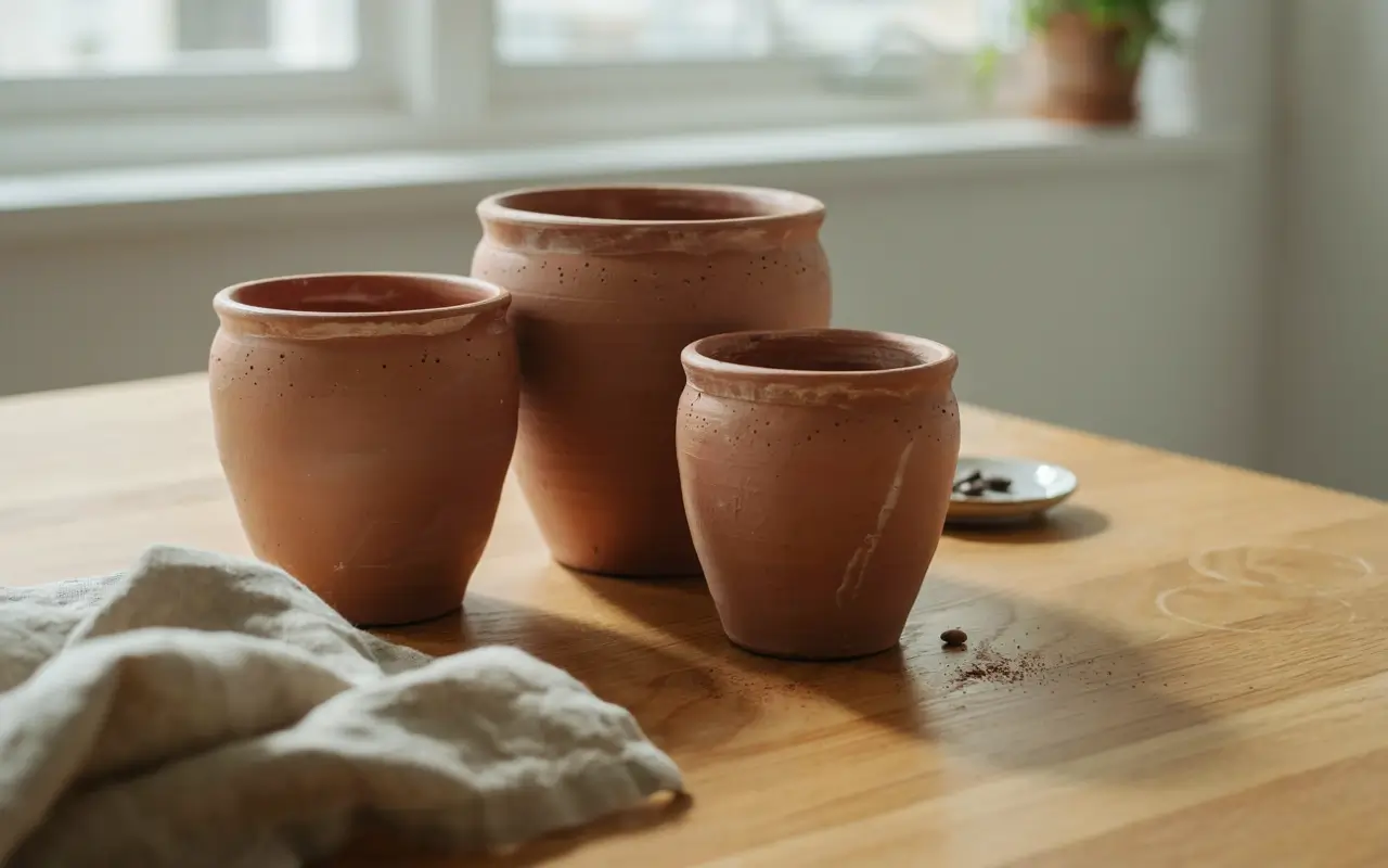 Three terracotta pots grouped on a wood table as a simple color-focused centerpiece.