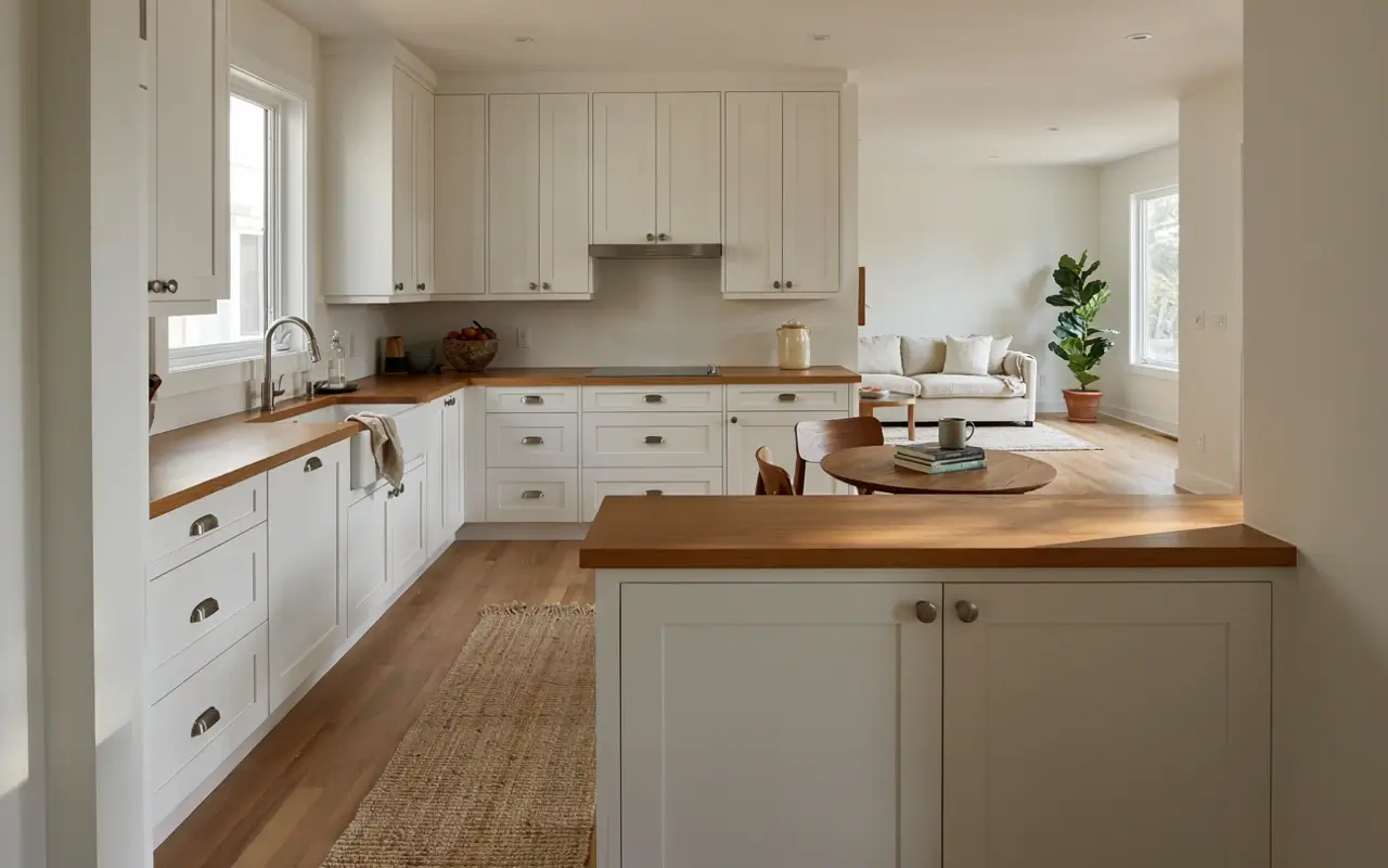Bright white U-shaped kitchen with wood peninsula overhang opening into a cozy living area.