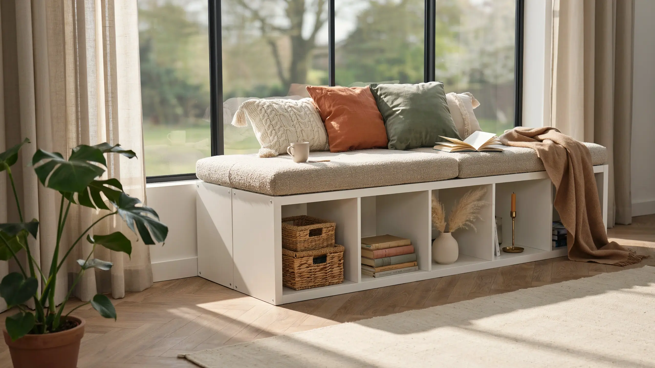 White IKEA KALLAX shelving unit transformed into a cozy window seat with built-in storage, cushions, baskets, books, and decorative accents.