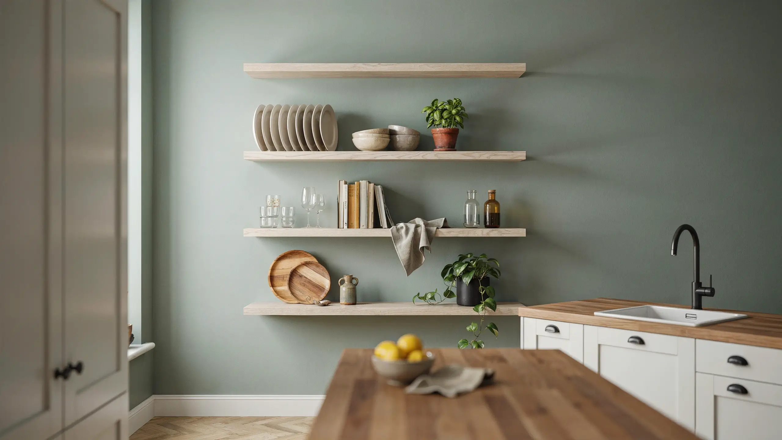 Minimalist kitchen with floating open shelves styled with plates, bowls, plants, and decor to turn open shelving into a functional design feature.