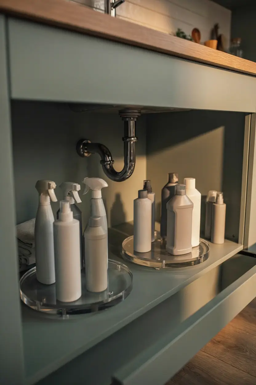 Turntables organizing cleaning bottles and spray bottles under a kitchen sink.