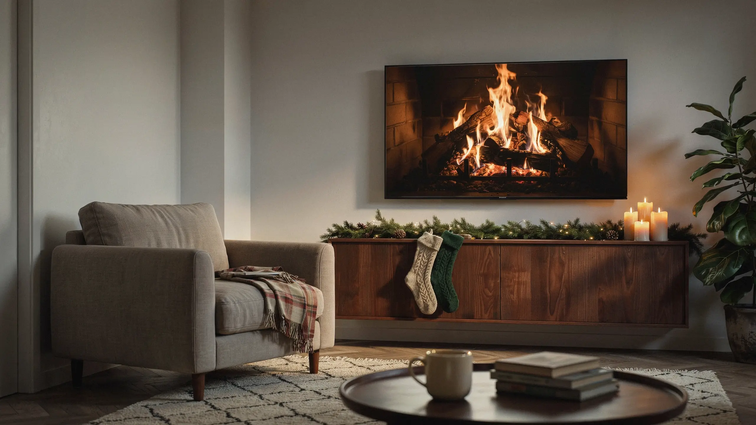 TV playing a crackling fireplace loop above Christmas garland and stockings in a cozy living room.