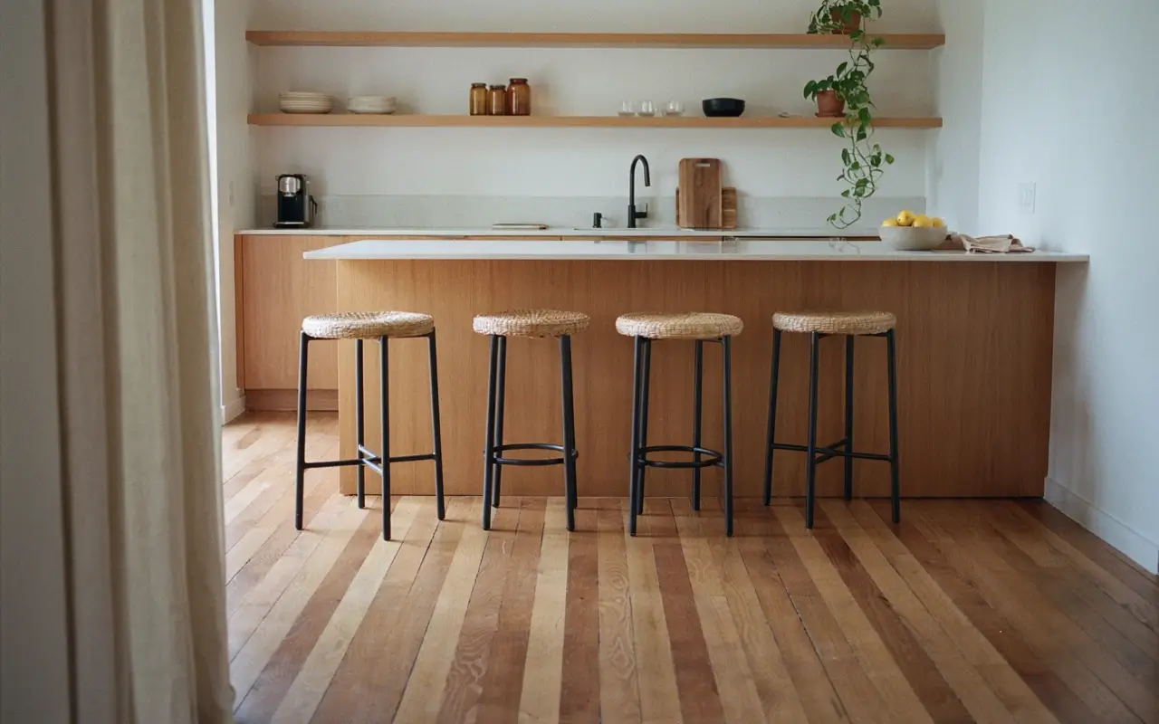 Wood kitchen island with 12-inch overhang and woven barstools tucked neatly underneath.