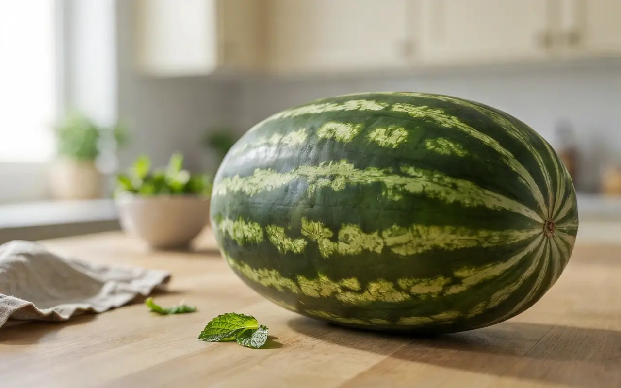 Whole watermelon on a kitchen counter showing green rind stripes for the two-finger stripe trick.