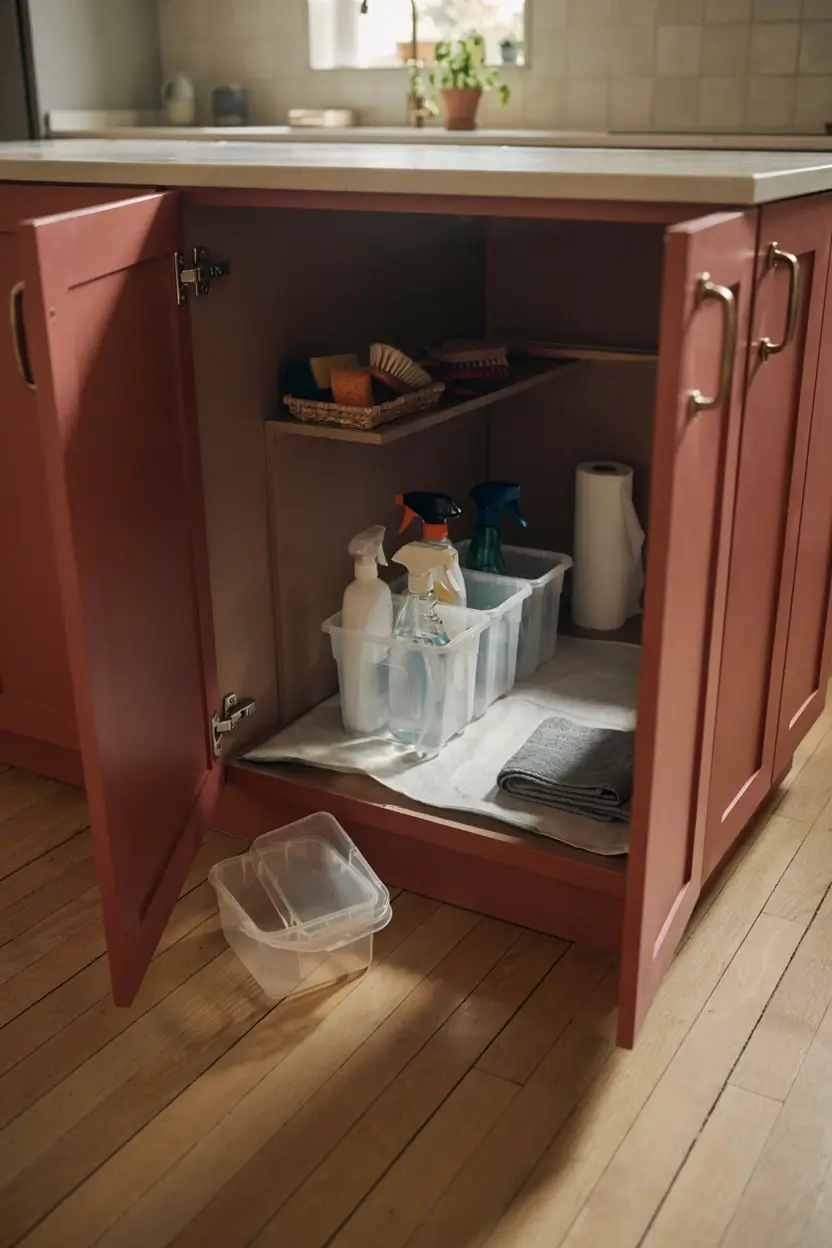 Open under-sink cabinet with cleaning supplies in clear bins during a quick organization reset.