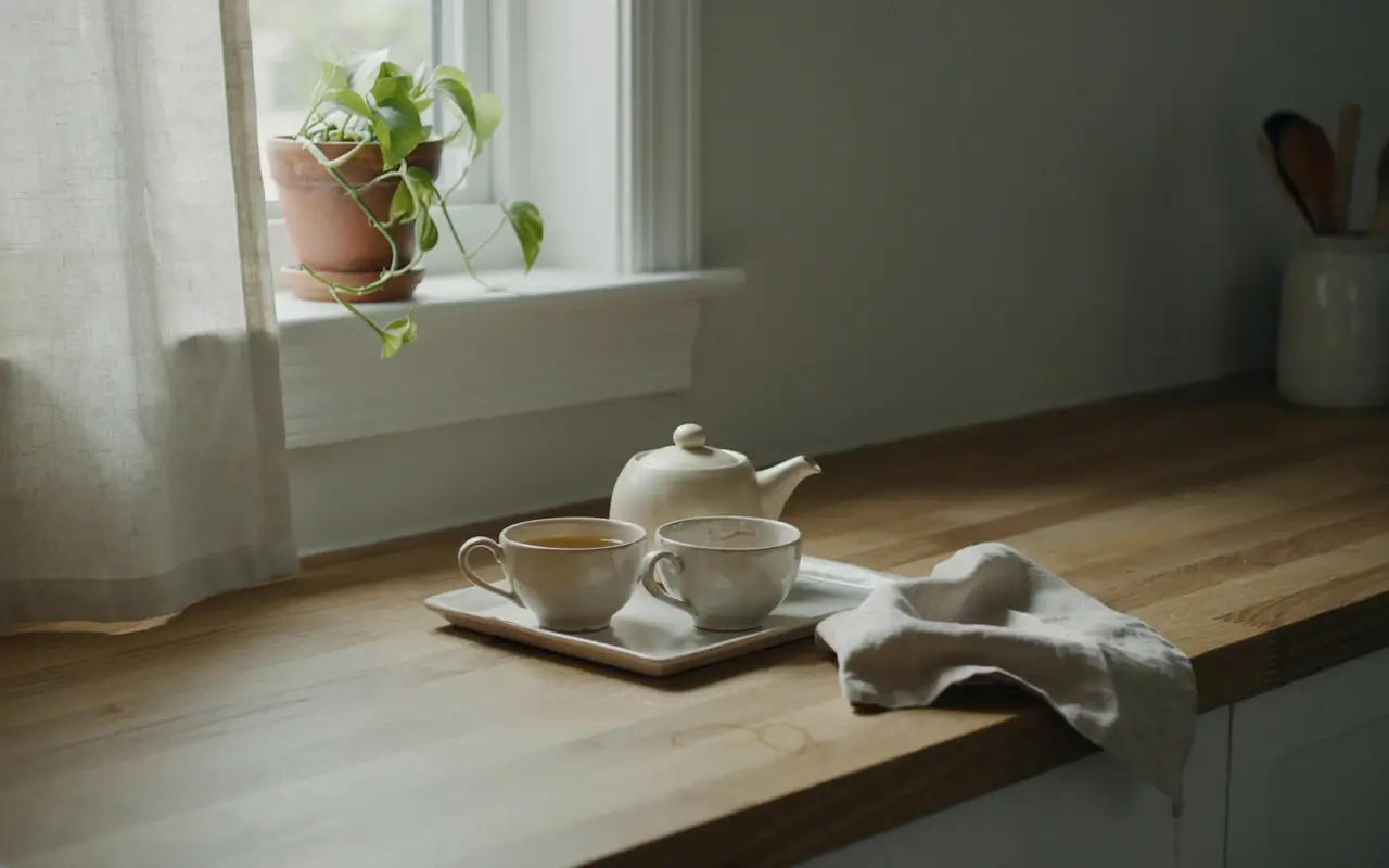 Two teacups and a small teapot on a tray by a sunny kitchen window with a potted plant.