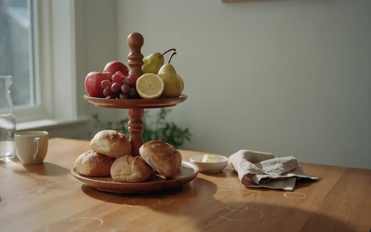Two-tier wooden stand with bread rolls and fresh fruit on a sunlit kitchen table.