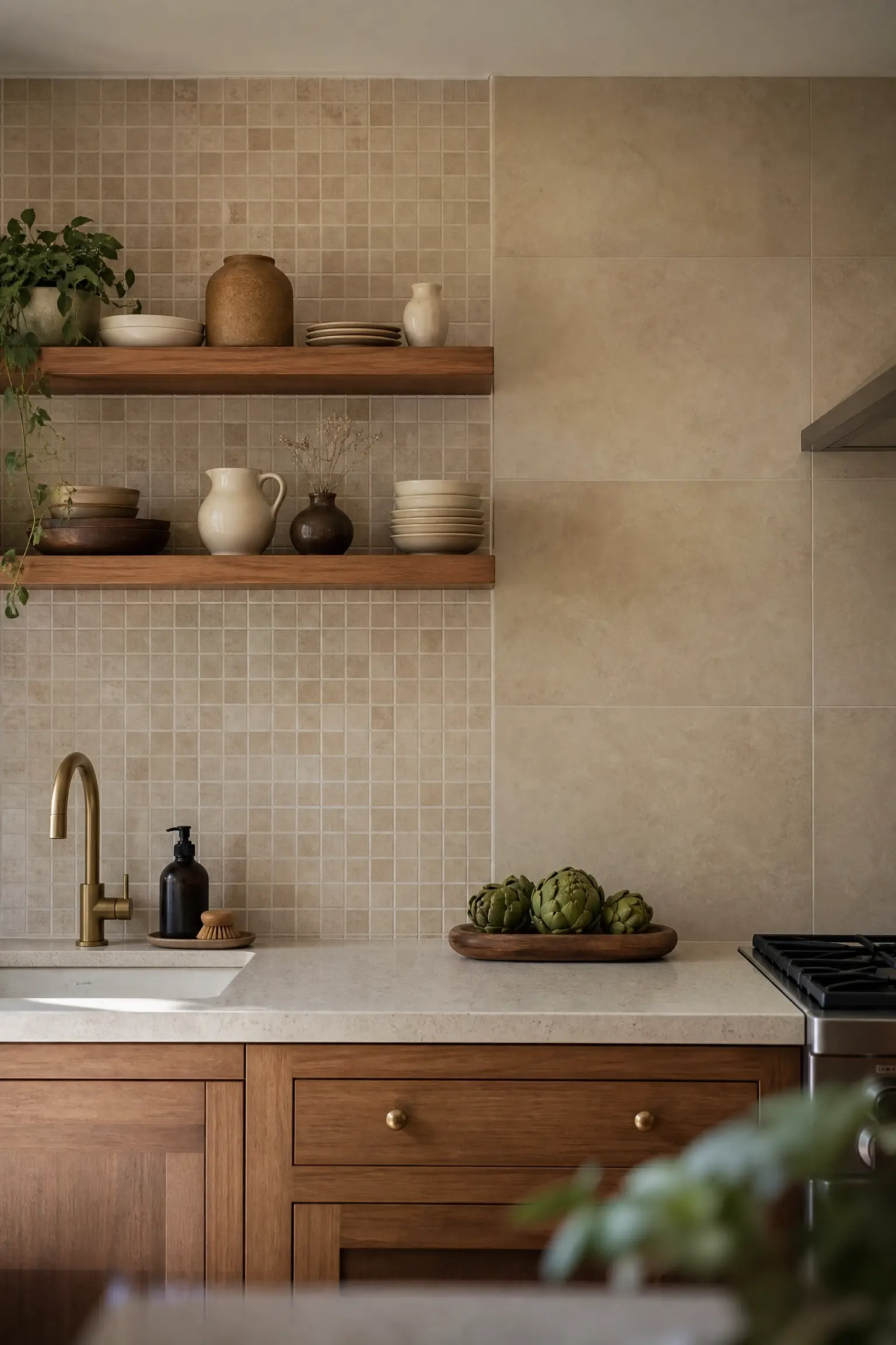 Two tile sizes on a small kitchen wall with wood shelves and a brass faucet.