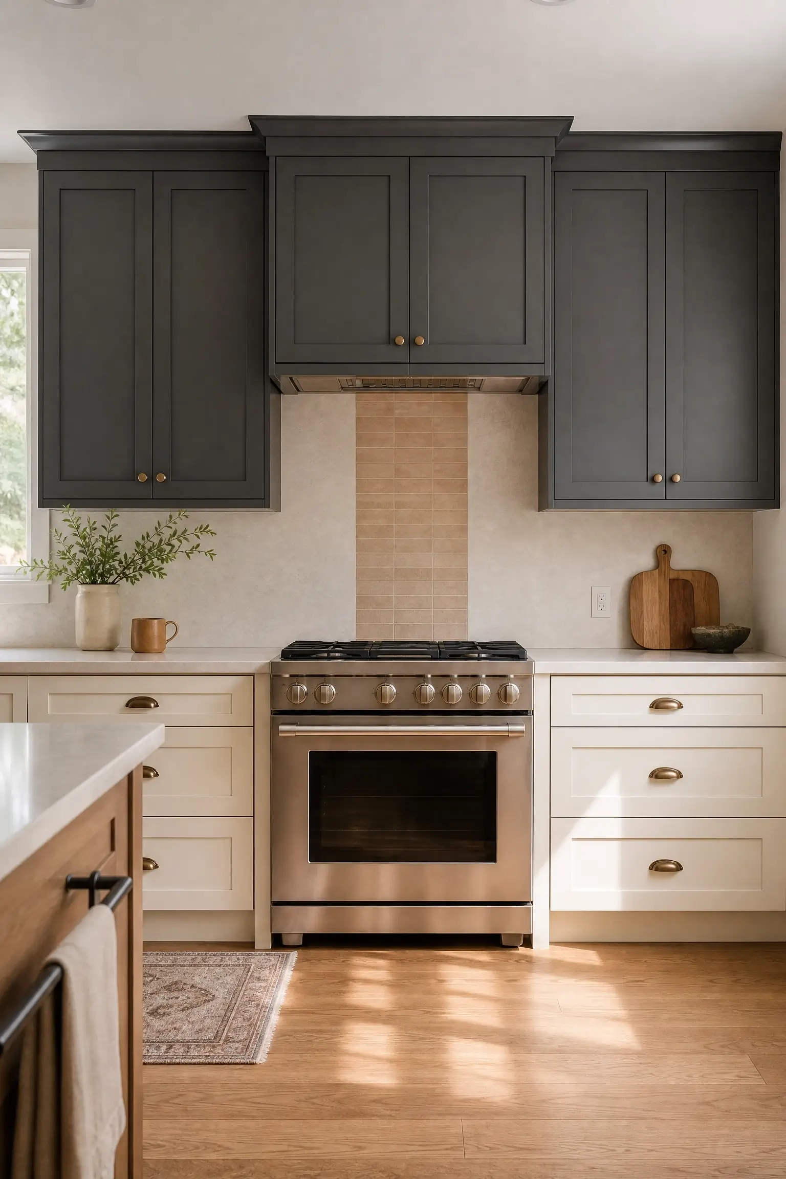 Two-tone kitchen cabinets with a vertical tile stripe behind the range running up to the hood.