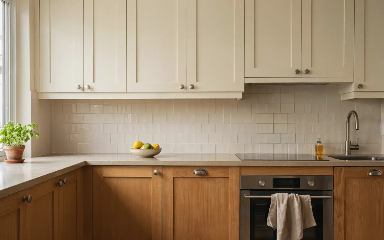 Two-tone kitchen with wood lower cabinets, creamy upper cabinets, white tile backsplash, and warm natural light.