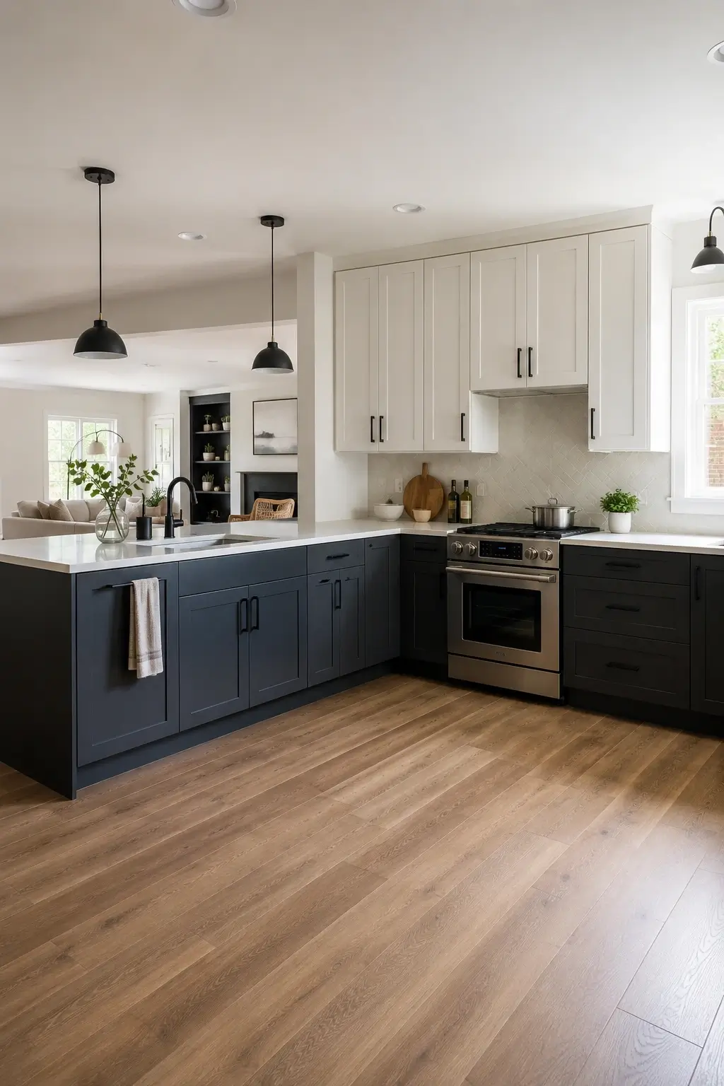 Two-tone L-shaped kitchen with dark lower cabinets and light uppers anchoring an open floor plan.