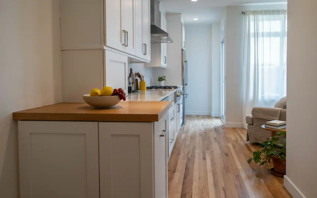 White U-shaped kitchen peninsula with a slim wood ledge, fruit bowl, and open view into a cozy living room.