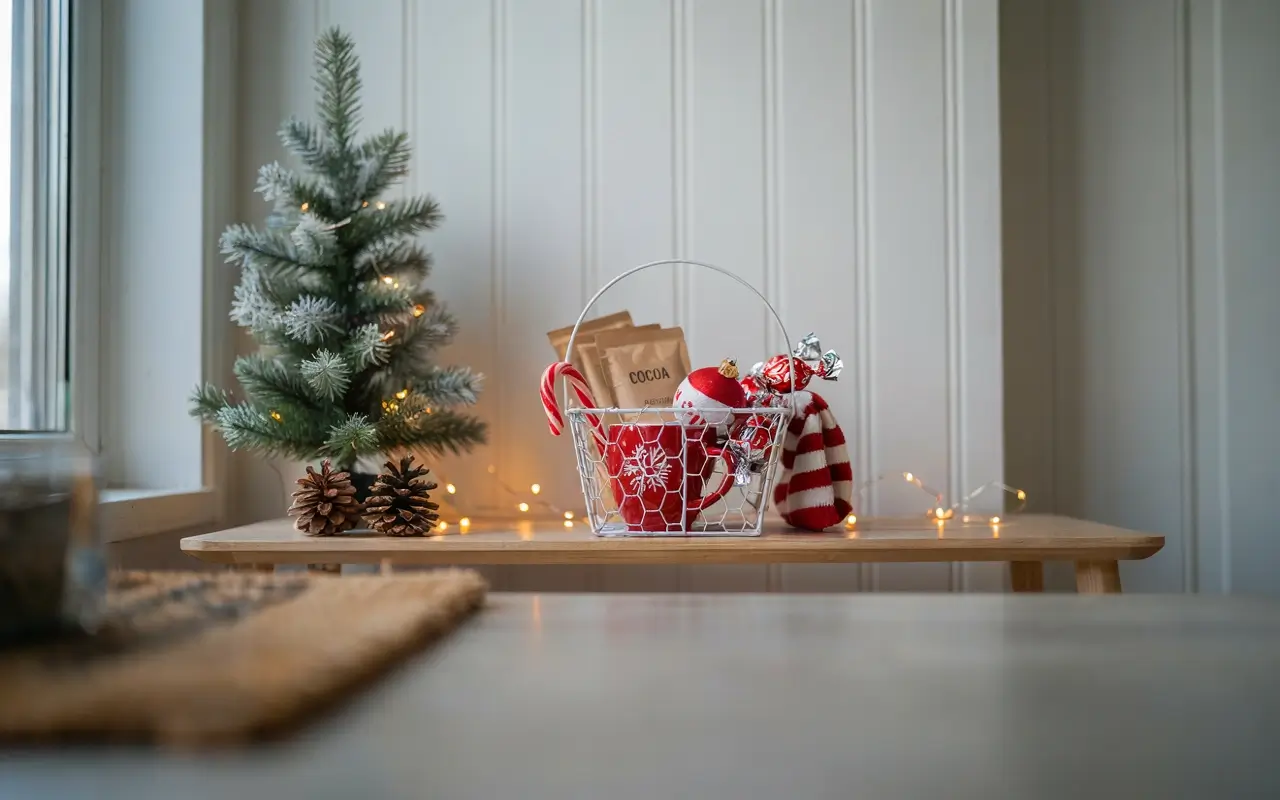 Under-$10 Christmas gift basket with cocoa, candy cane, mug, ornament, and festive socks.