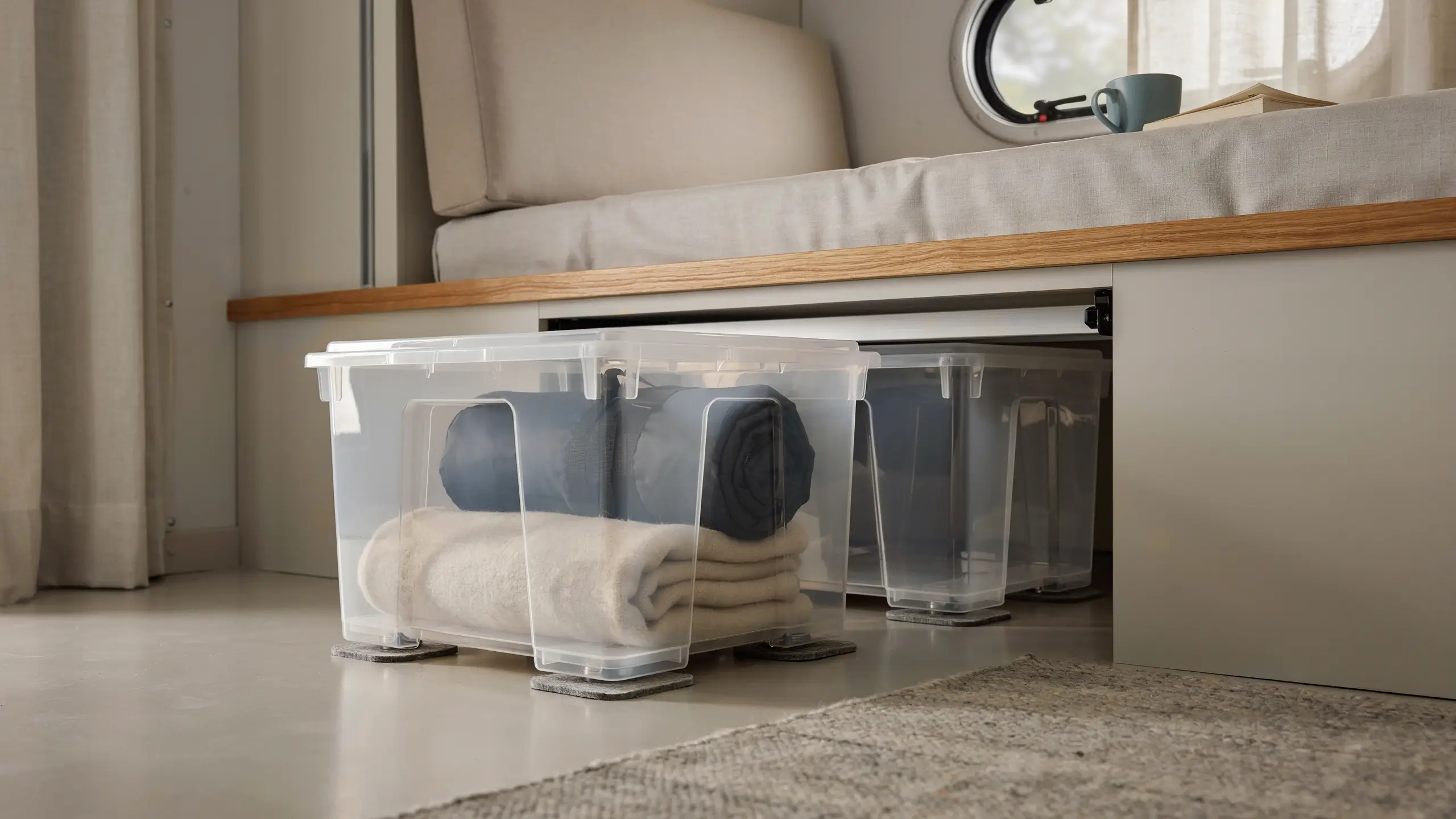 Clear plastic rolling storage bins on caster wheels neatly tucked under a seating area, containing folded blankets and rolled bedding for easy-access, space-saving organization in RVs and small bedrooms. 