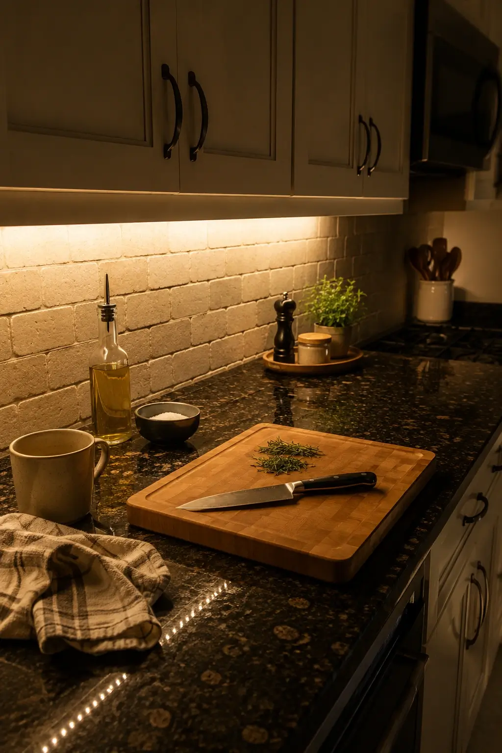 Warm LED strip lighting under upper cabinets illuminating a black granite kitchen countertop at night.