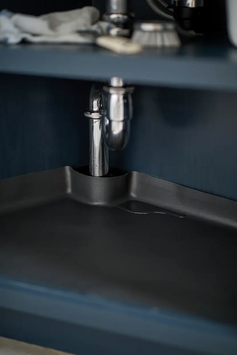 Protective cabinet floor liner fitted around the plumbing under a kitchen sink.