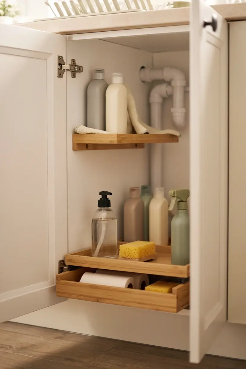 Under-sink cabinet with pull-out trays organizing daily cleaning bottles, soap, sponges, and paper towels.
