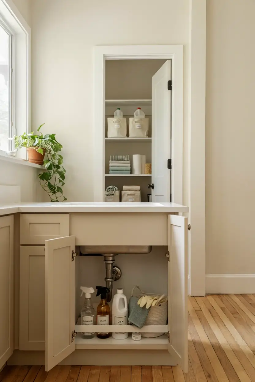 Organized under-kitchen-sink cabinet with daily cleaning supplies and backup products stored in a nearby closet.