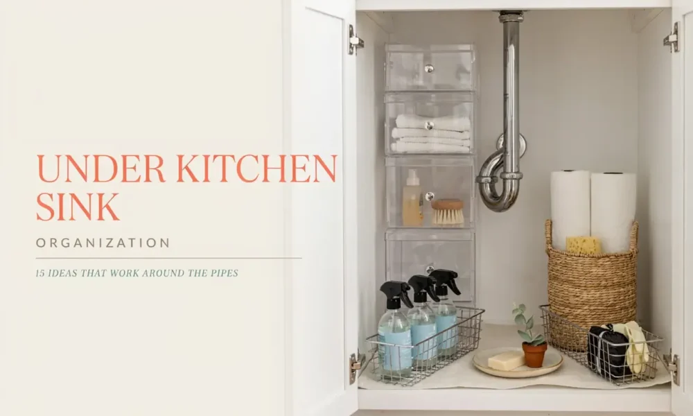 A neatly arranged white cabinet featuring clear acrylic stackable drawers, stainless steel wire baskets holding blue cleaning sprays, and a woven wicker basket for paper towels—all cleverly designed to maximize storage space around the central chrome plumbing pipes.