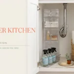 A neatly arranged white cabinet featuring clear acrylic stackable drawers, stainless steel wire baskets holding blue cleaning sprays, and a woven wicker basket for paper towels—all cleverly designed to maximize storage space around the central chrome plumbing pipes.