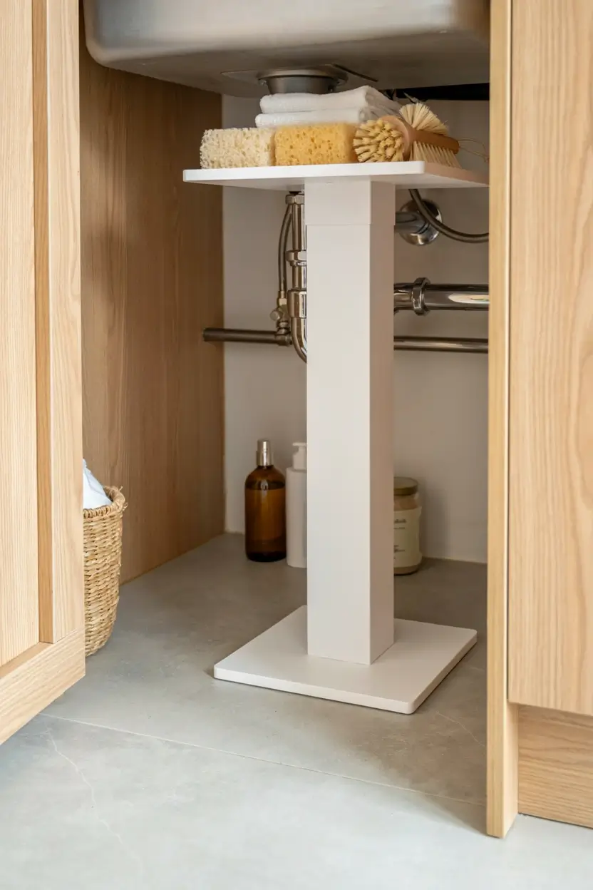 White pedestal shelf using vertical space around sink plumbing to store sponges, brushes, and towels.