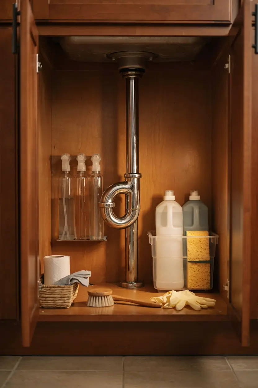 Organized under-sink cabinet with cleaning supplies arranged in zones around the central plumbing pipe.