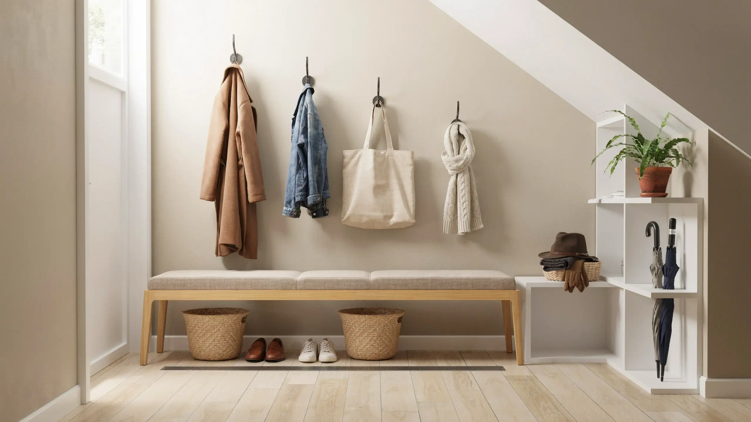 Minimalist under-stairs mudroom with a wooden bench, coat hooks, and white storage cubbies for entryway organization.