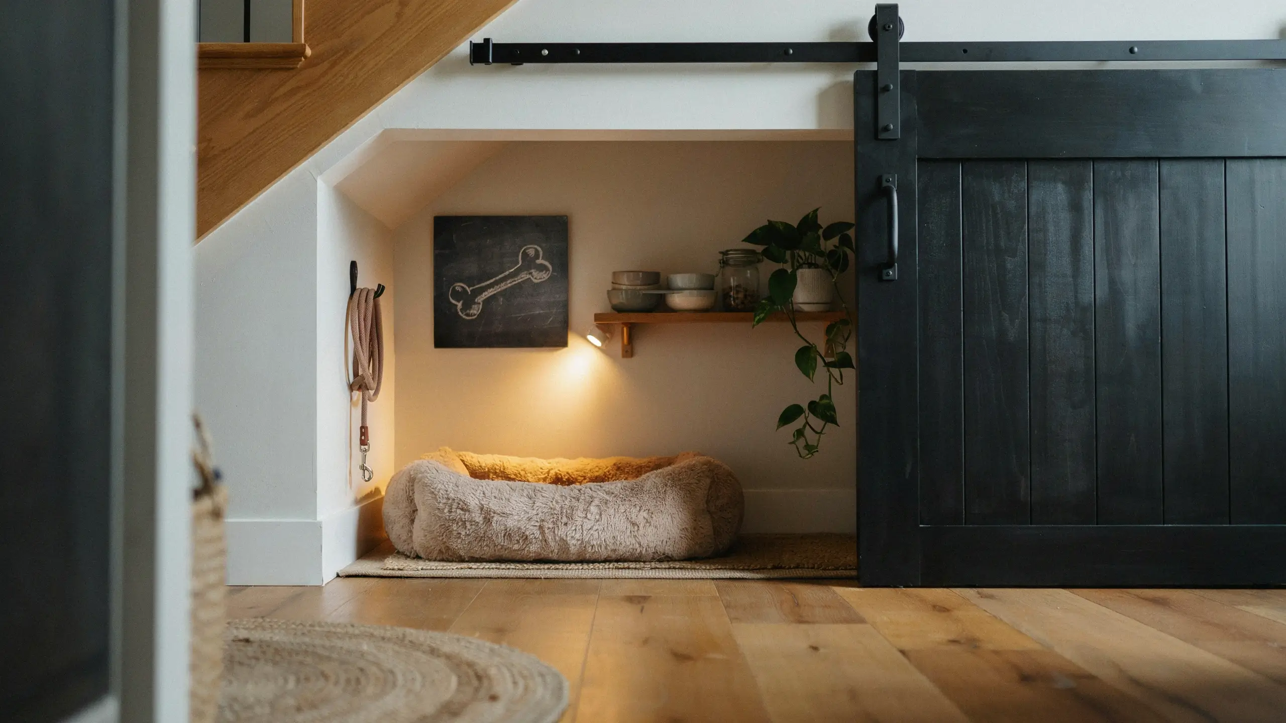 Cozy under-stairs pet nook featuring a plush beige dog bed with yellow inner cushion, a hanging leather leash, chalkboard bone wall art, and a floating shelf with bowls and a trailing pothos plant, enclosed by a black vertical panel sliding mini barn door." (Why: Descriptive, natural, non-spammy, and includes key visual elements. It helps visually impaired users understand the image while providing Google's vision models with detailed contextual clues
