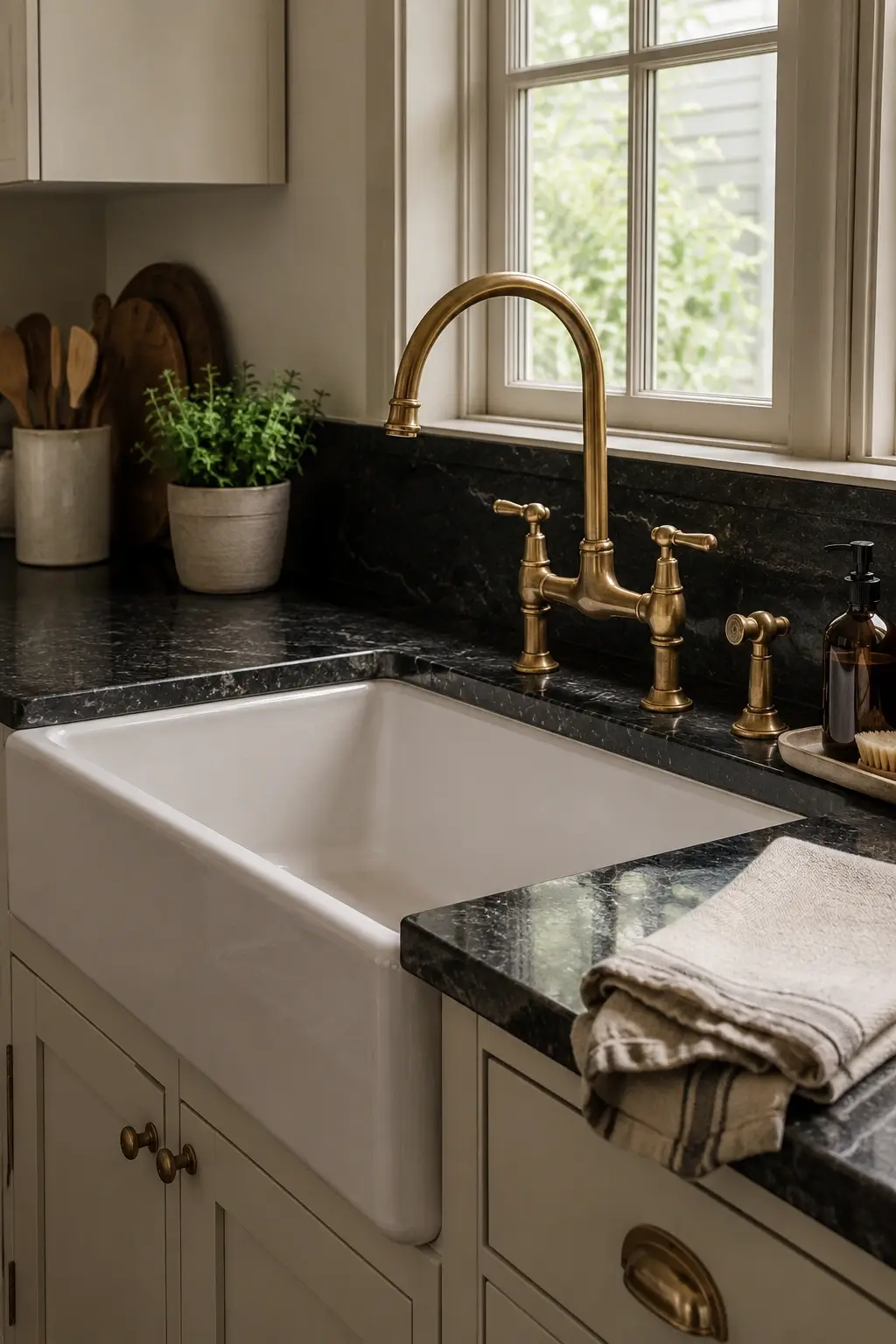 Unlacquered brass bridge faucet over farmhouse sink with black granite countertop and warm window light.