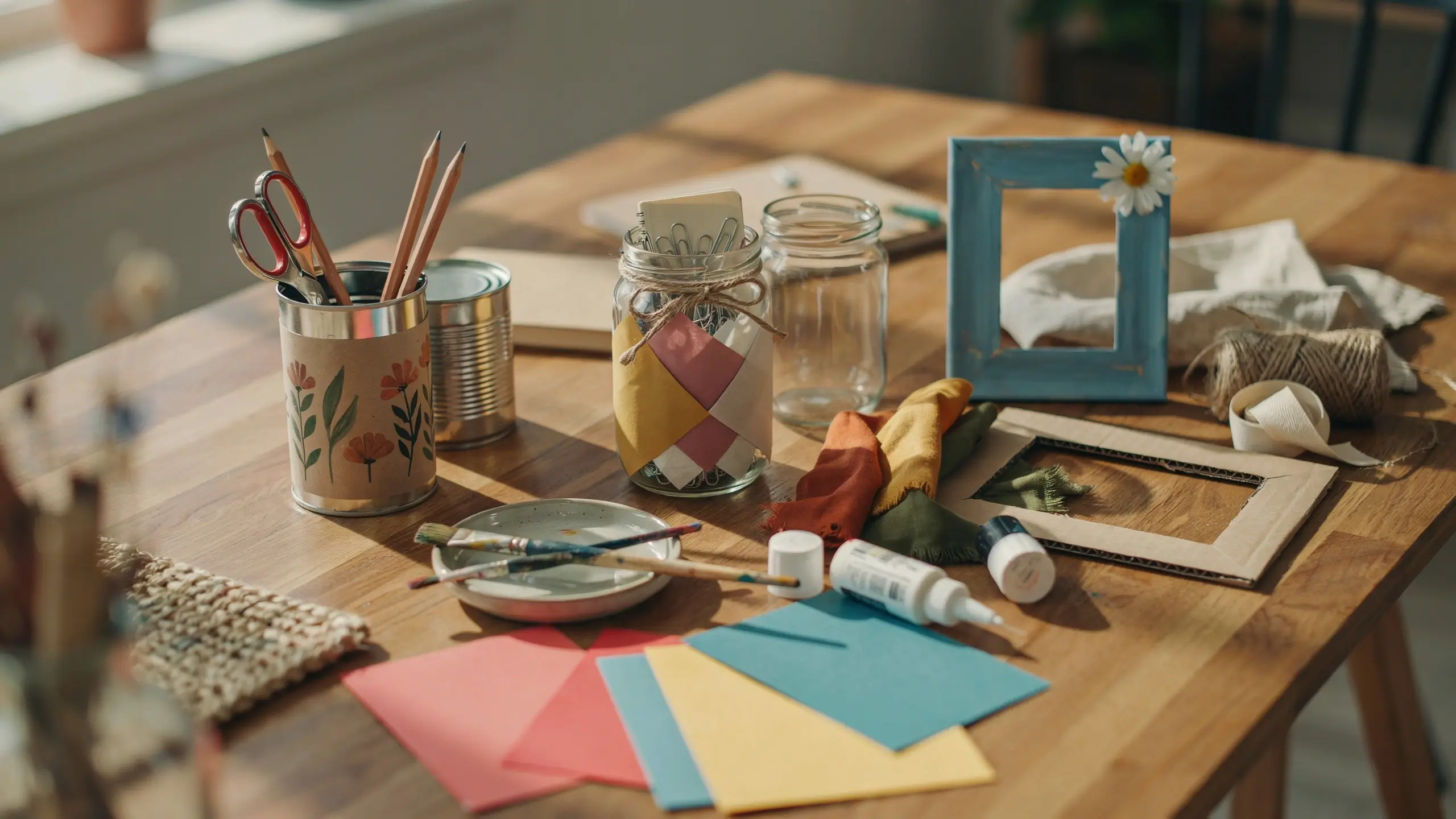 Upcycled tin can pencil holder, decorated mason jar, and cardboard photo frames on a sunny craft table.