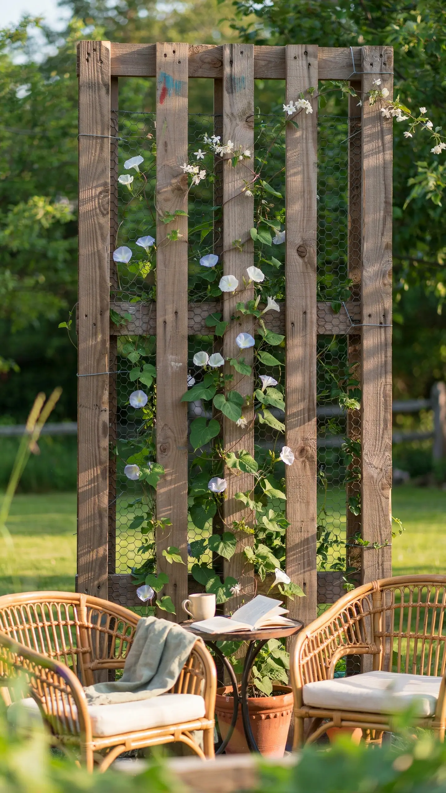 Rustic DIY wooden pallet privacy screen adorned with white morning glory climbing vines, flanked by two wicker chairs with cushions and a small bistro table holding a book and coffee mug in a sunny backyard garden.