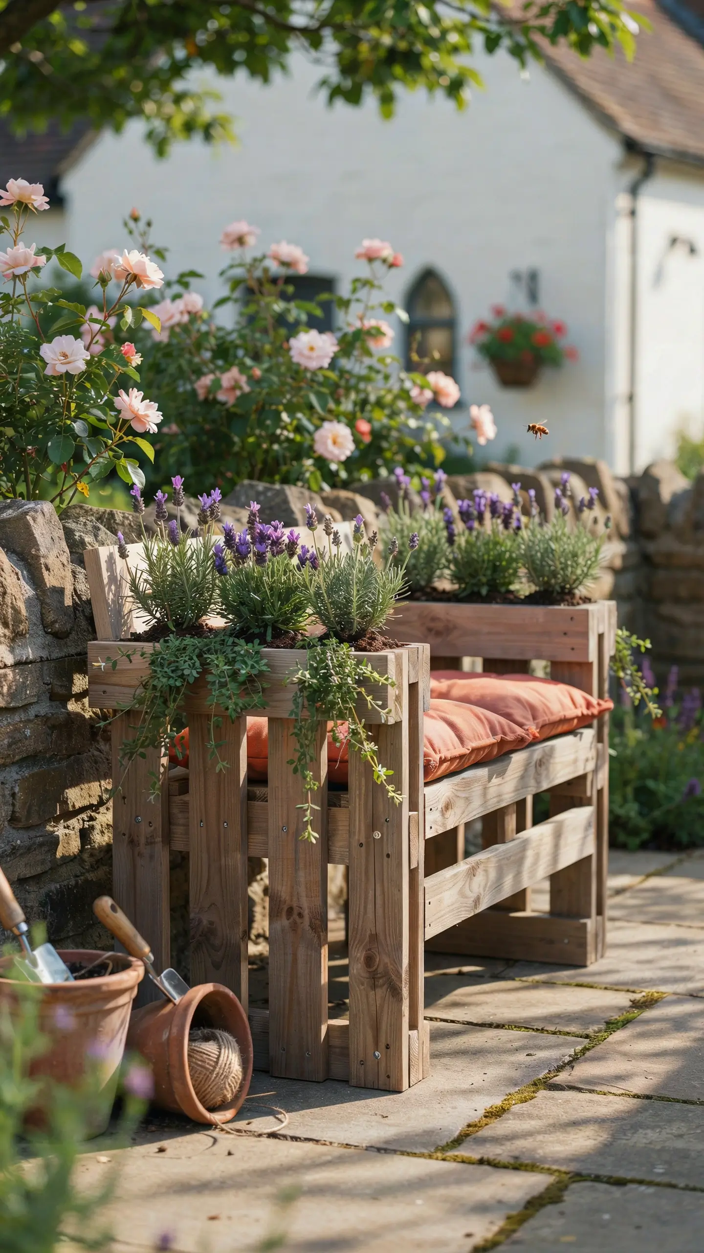 A rustic upcycled wooden pallet garden bench featuring built-in planter arms filled with purple lavender and trailing greenery, accented with a faded orange seat cushion. Set on a sunny stone patio beside a white cottage and pink roses, with terracotta gardening tools visible on the ground. 