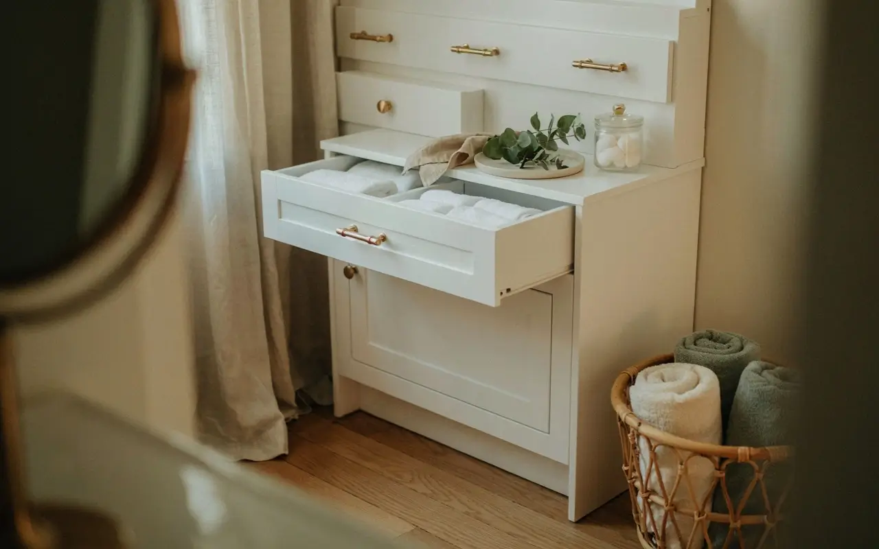 White bathroom cabinet with brass drawer pulls, open towel drawer, and woven towel basket.